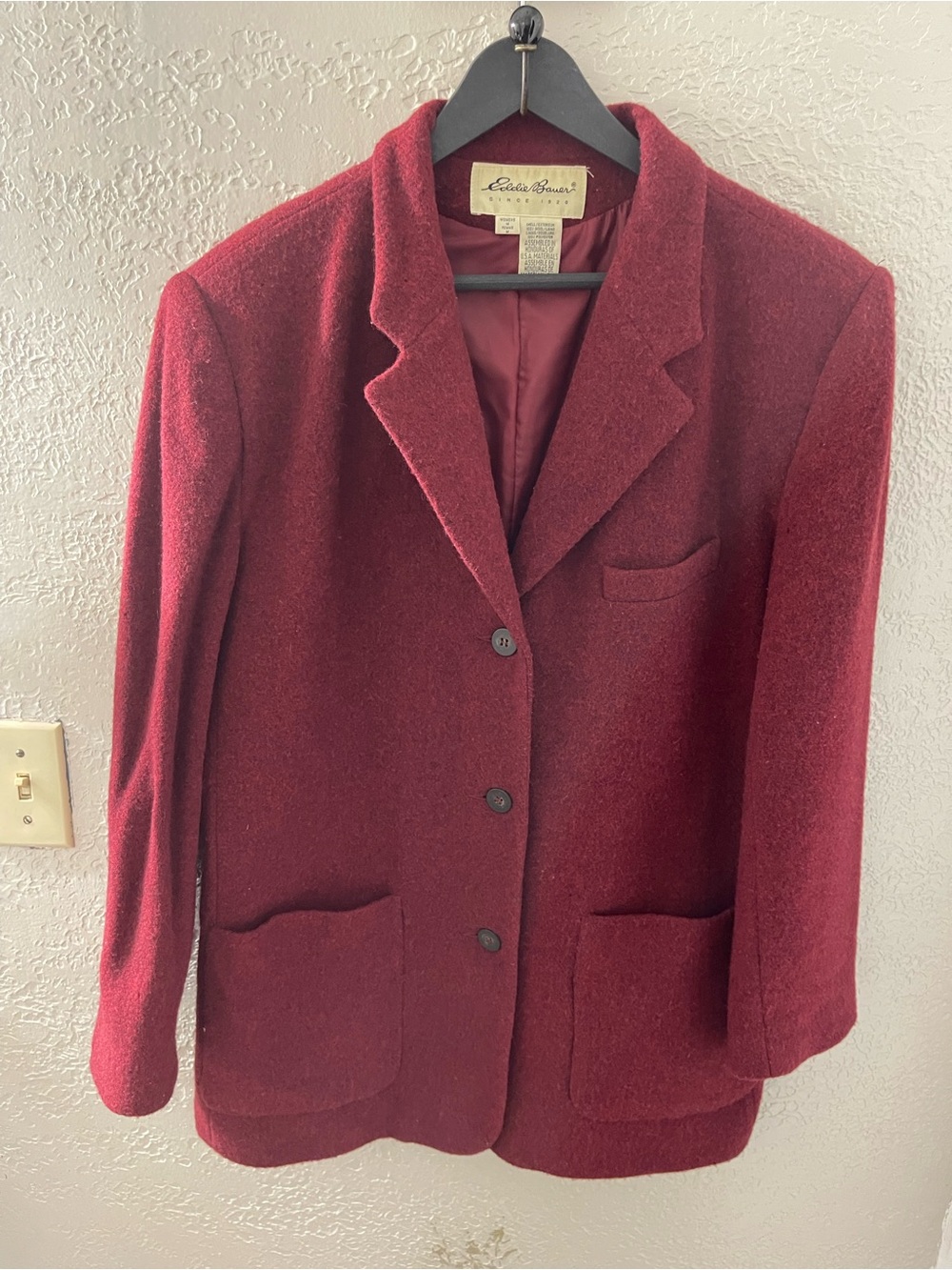 Vintage Y2K Eddie Bauer Women's Classic Deep Wine 100% Wool Blazer Coat Medium